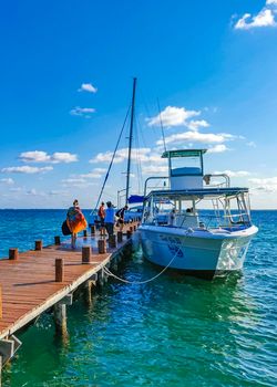 Cancun Mexico 24. January 2022 Boat trip from Cancun to Island Mujeres Contoy and Whale shark tour natural seascape panorama blue turquoise green clear water view from boat in Quintana Roo Mexico.