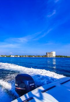 Cancun Mexico 28. June 2022 Boat trip from Cancun to Island Mujeres Contoy and Whale shark tour natural seascape panorama blue turquoise green clear water view from boat in Quintana Roo Mexico.