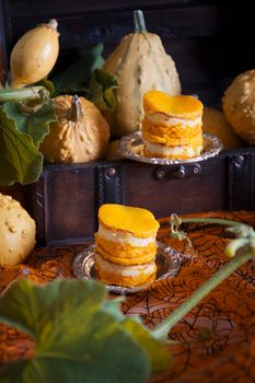 mini pumpkin cheesecakes on pumpkin background, autumn, orange color food, halloween, High quality photo