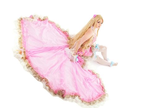 Young girl in fairy-tale ball joint doll cosplay costume isolated