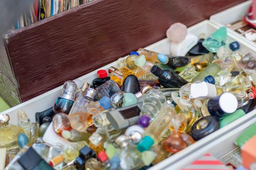 Vintage perfume bottles at a flea market in France