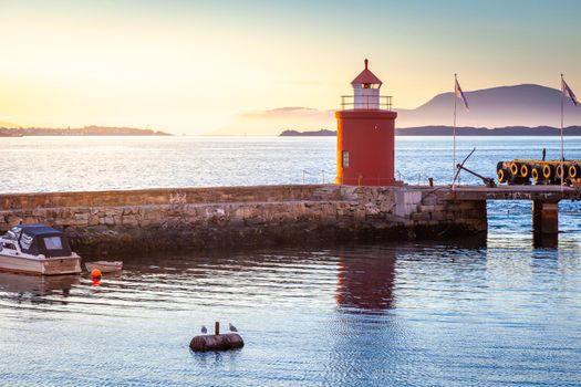Alesund Sea port harbor with ships at peaceful dawn, Norway, Scandinavia