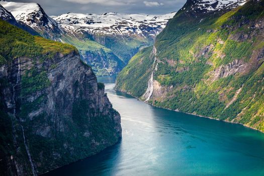 Gieranger fjord and Seven Sisters Waterfalls in More og Romsdal, Norway, Northern Europe