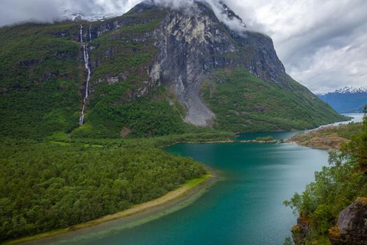Dramatic landscape in misty Nordfjord near Olden, western Norway, Scandinavia