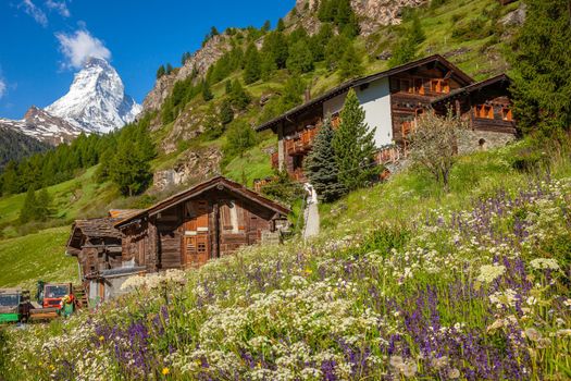Idyllic swiss landscape with Matterhorn and Zermatt village, Valais, Switzerland