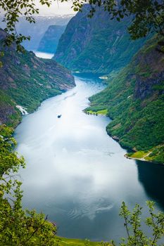 Majestic naeroyfjord from above in Norway at cloudy day, Scandinavia
