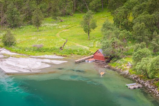 Dramatic landscape in misty Nordfjord near Olden, western Norway, Scandinavia