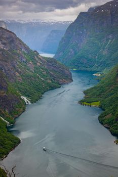 Majestic naeroyfjord from above in Norway at cloudy day, Scandinavia
