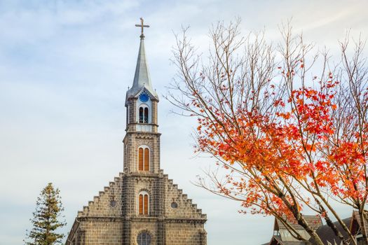 Gramado stone church at golden autumn, Gramado, Rio Grande do Sul, Southern Brazil