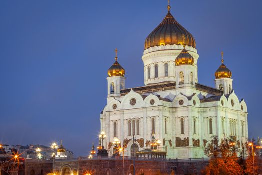 Orthodox Cathedral of Christ the Saviour illuminated at evening, Moscow, Russia