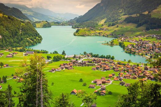 Aerial view on Lungern and lake near Luzern at sunny day, Switzerland, Europe