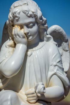 Seraphim angel praying with flower for forgiveness and hope of better days to come