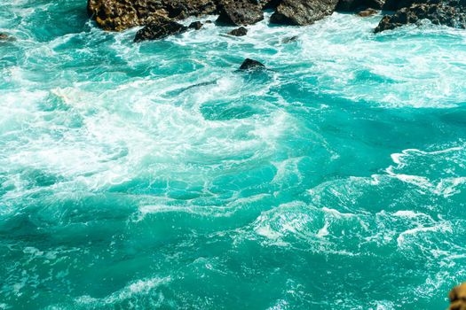 Atlantic ocean. Stormy summer day Big sea wave on rocky beach. Beaty in nature. Dramatic sea view. Sintra portugal