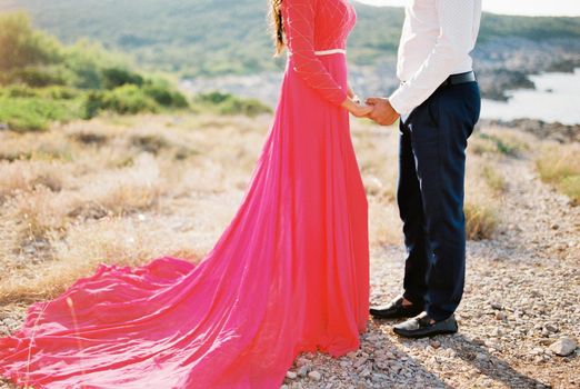 Woman in a red dress holds the hands of a man standing on a mountain. High quality photo