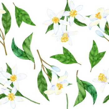 Watercolor seamless hand drawn pattern with white citrus lemon flowers on small branches with green leaves. Elegant pastel summer floral background, southern wedding invitation wrapping paper textile