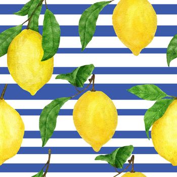 Watercolor hand drawn seamless pattern with yellow lemons and blue stripe background. Summer fruit citrus botanic floral print. Bright print for textile wrapping paper wallpaper, organic harves food concept