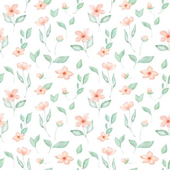 Watercolor floral seamless pattern with pink flowers and leaves. Spring colorful decor with illustrations on white background