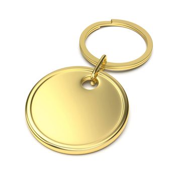Round gold keychain on white background