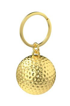 Gold keychain with golf ball isolated on white background