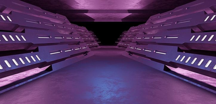 Futuristic Science Fiction Metallic Garage Club Warehouse Parking StageBasement Dark Dim Purple Illustrative Banner Background Wallpaper 3D Rendering