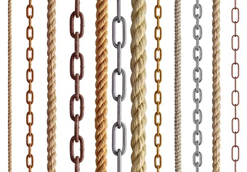 collection of various rope and chain on white background. each one is shot separately