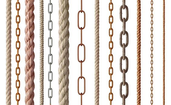 collection of various rope and chain on white background. each one is shot separately