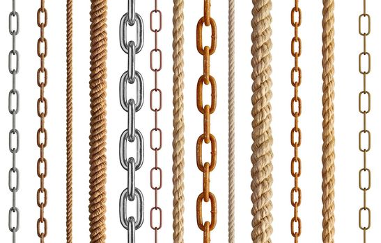 collection of various rope and chain on white background. each one is shot separately