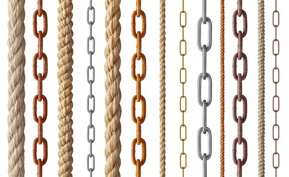 collection of various rope and chain on white background. each one is shot separately