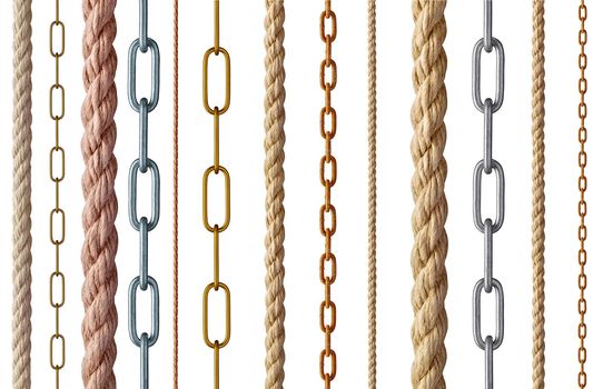 collection of various rope and chain on white background. each one is shot separately