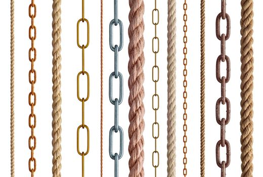 collection of various rope and chain on white background. each one is shot separately