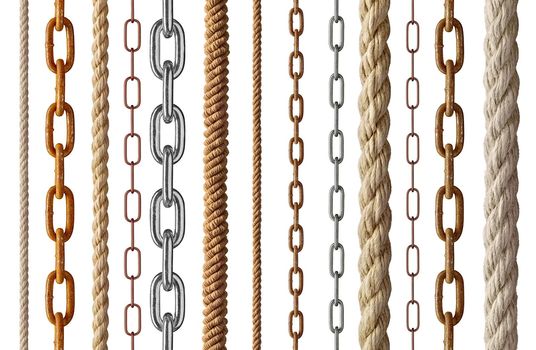 collection of various rope and chain on white background. each one is shot separately