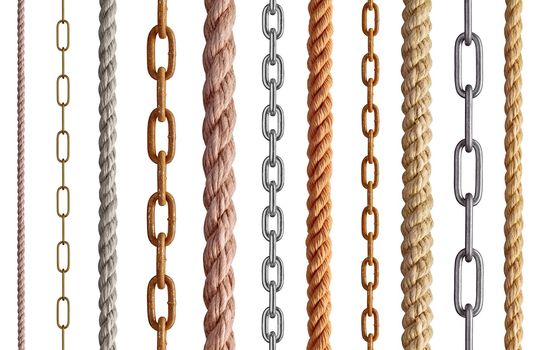 collection of various rope and chain on white background. each one is shot separately