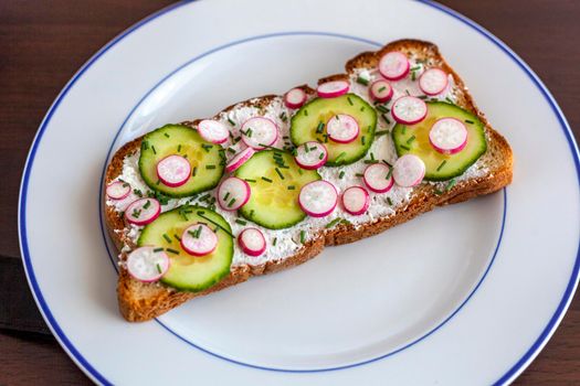 radish, cucumber and soft cheese summer toast on a plate