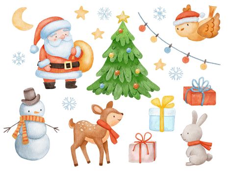 Cute Santa Claus, deer and snowman. Set of Watercolor Christmas illustrations isolated on white.