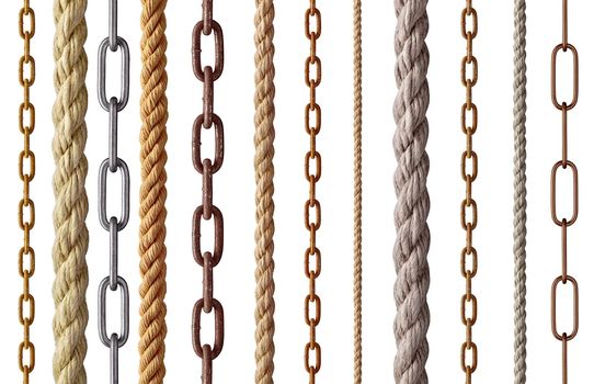 collection of various rope and chain on white background. each one is shot separately