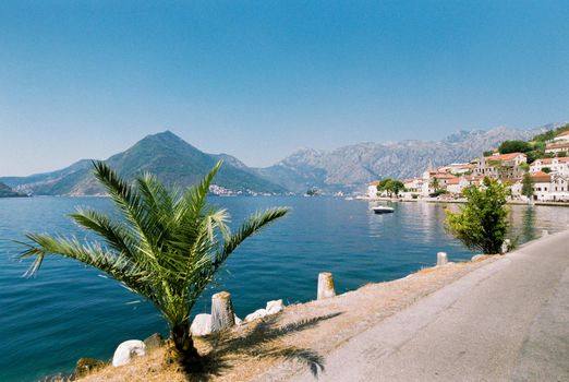 Ancient buildings of Perast on the embankment at the foot of the mountains. High quality photo