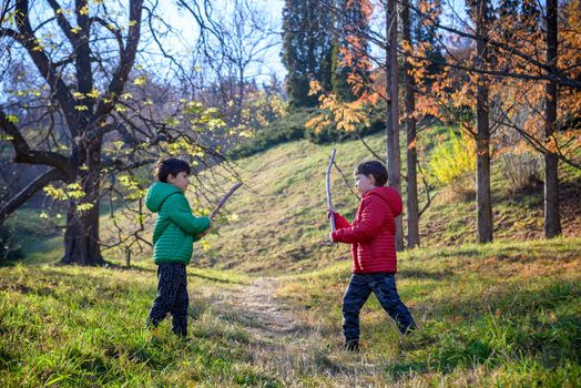 Two brothers fight with sticks. The child screams with his mouth wide open. Dangerous children's games. Walking outside in the village. Rural guys emotionally express their feelings.