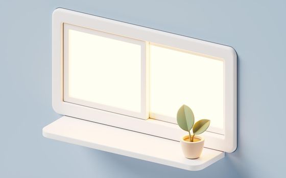 3D cartoon style windowsill with green plant, 3d rendering. Computer digital drawing.