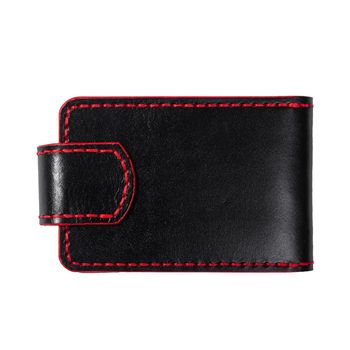 Luxury craft business card holder case made of leather. Black Leather box for cards isolated on white background. Back side.