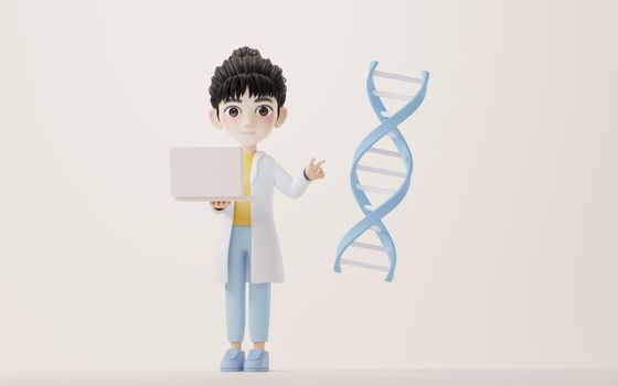 3D cartoon female researcher and DNA, 3d rendering. Computer digital drawing.