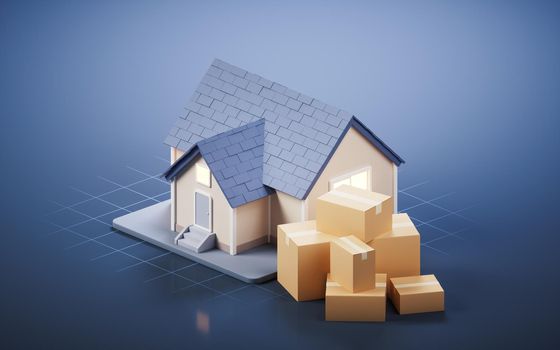 Packaging box with house, 3d rendering. Computer digital drawing.