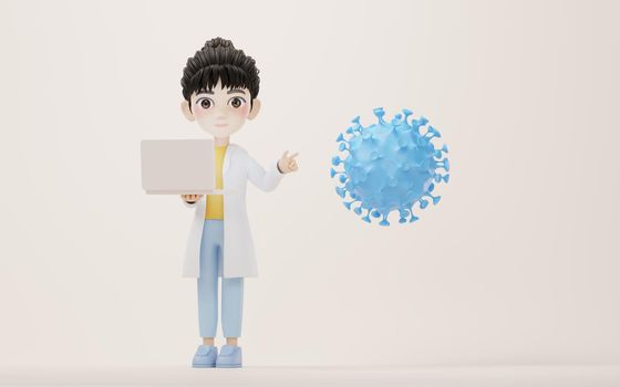 3D cartoon female researcher and virus, 3d rendering. Computer digital drawing.