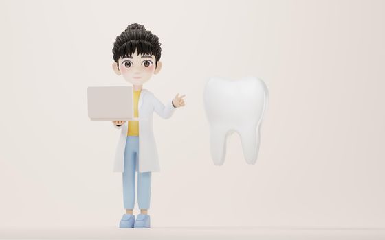 3D cartoon female researcher and the tooth, 3d rendering. Computer digital drawing.