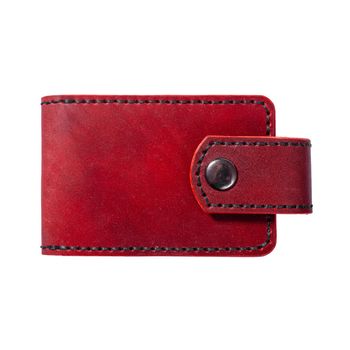 Luxury craft business card holder case made of leather. Red Leather box for cards isolated on white background.