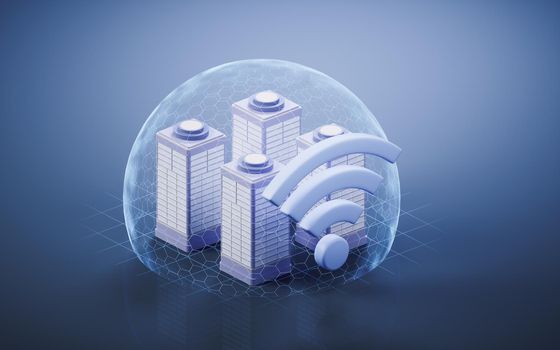 3D model city buildings and wifi sign, 3d rendering. Computer digital drawing.