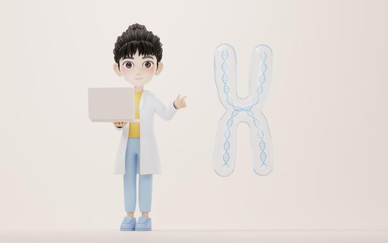 3D cartoon female researcher explain the chromosome, 3d rendering. Computer digital drawing.