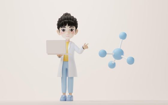 3D cartoon female researcher explain the molecule, 3d rendering. Computer digital drawing.