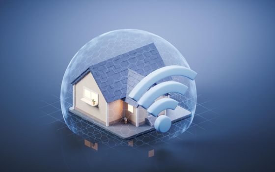 Residence house and wifi sign, 3d rendering. Computer digital drawing.