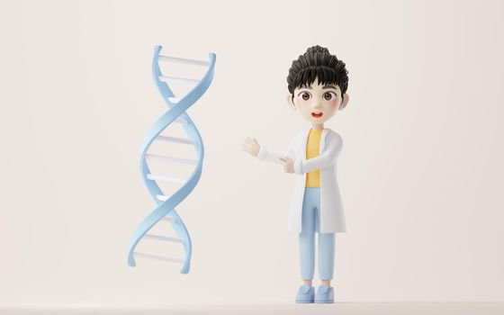 3D cartoon female researcher and DNA, 3d rendering. Computer digital drawing.