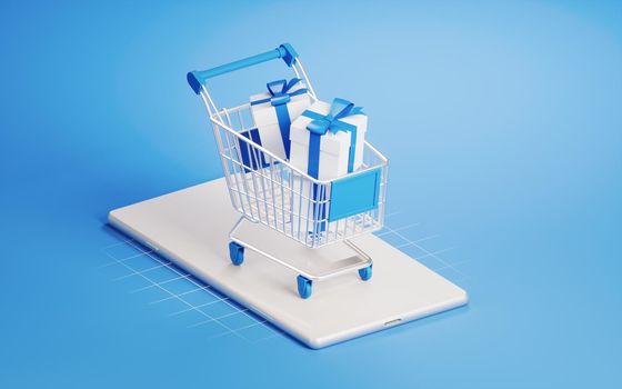 Shopping cart on the mobile phone, 3d rendering. Computer digital drawing.